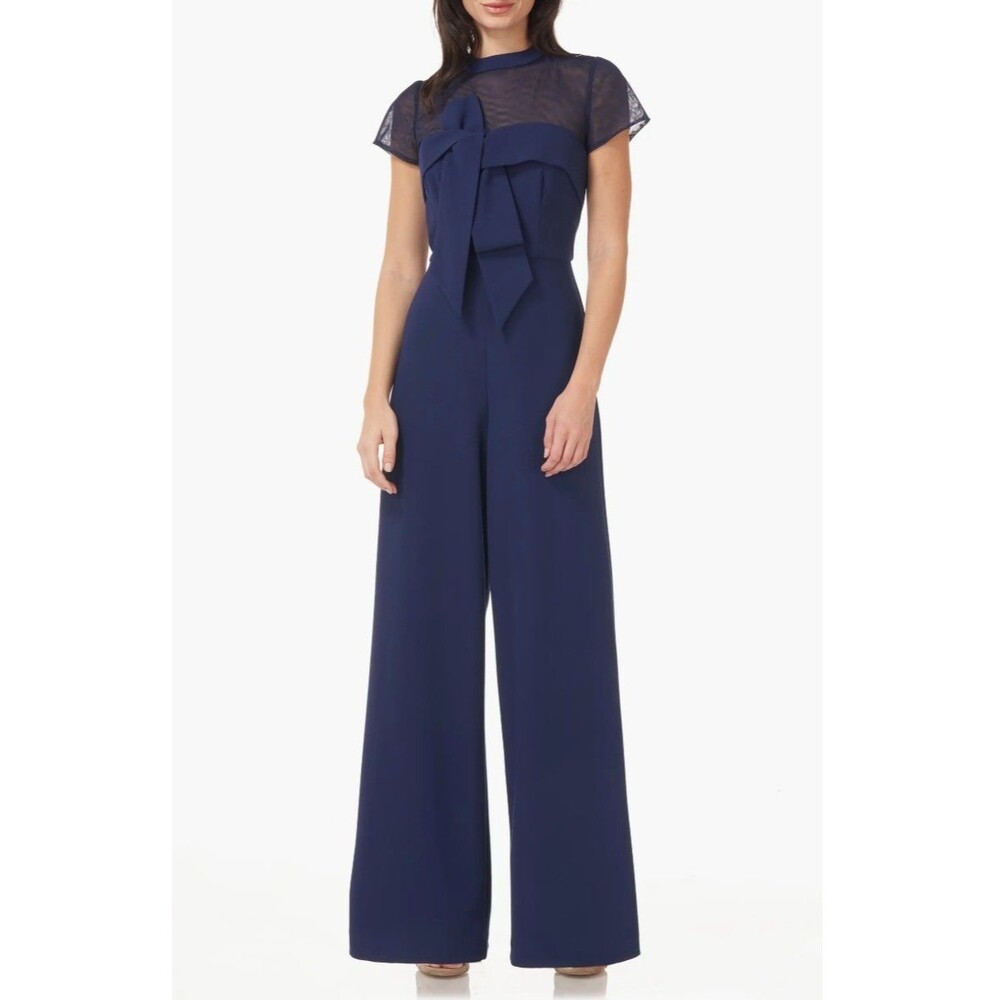 JS Collections Navy Stretch Crepe Wide Leg Jumpsuit Size 18 Illusion Neck Bow De